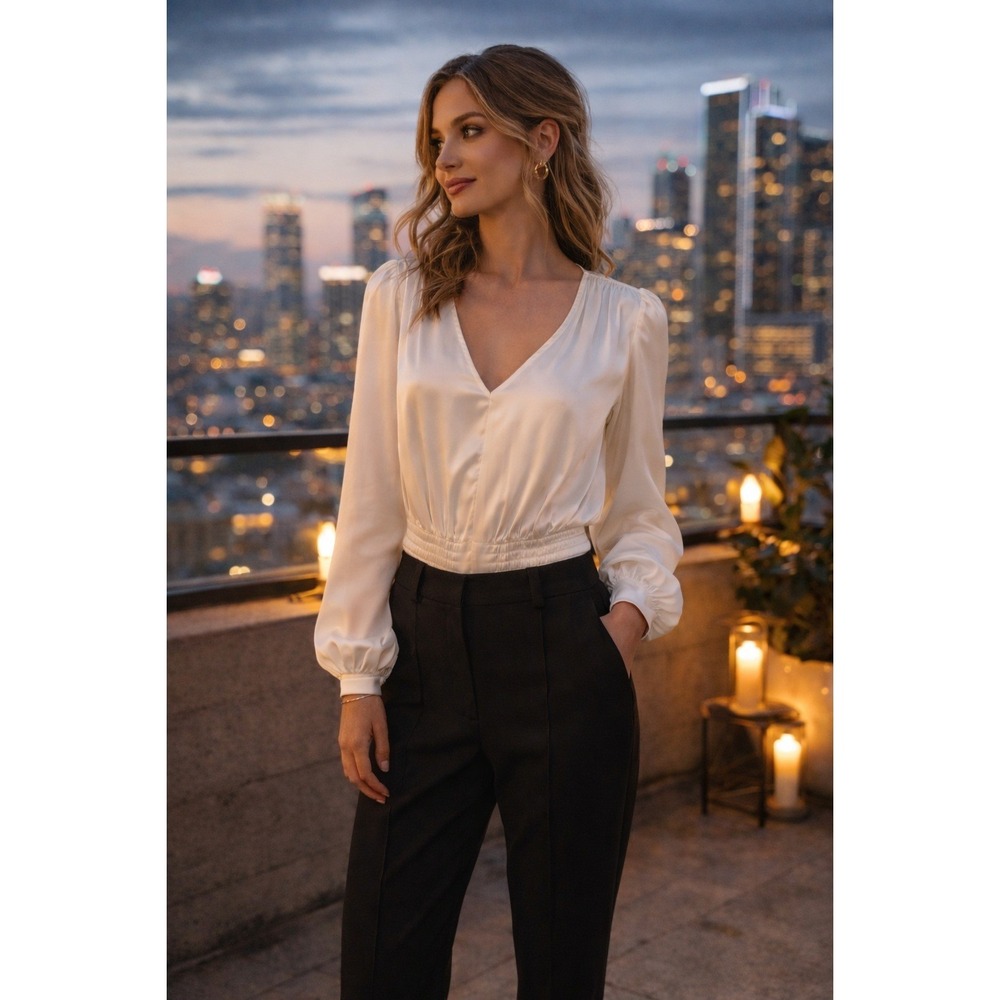 Adelyn Rae Johanna Pintuck V-Neck Long Sleeve Satin Bodysuit Ivory M NWT